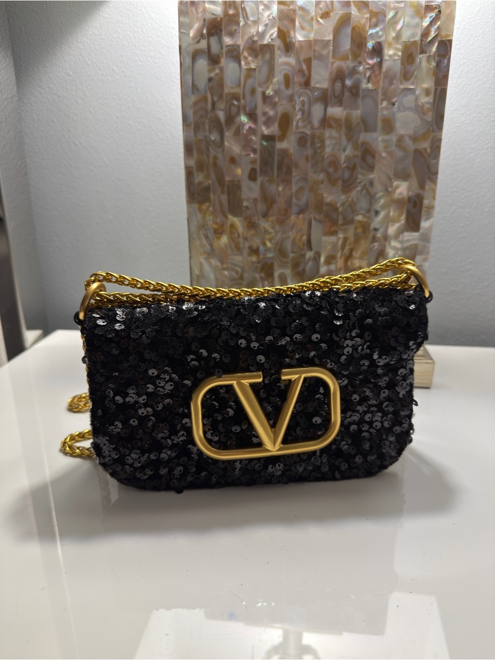Valentino Garavani Black Sequin Crossbody with Gold V Logo
